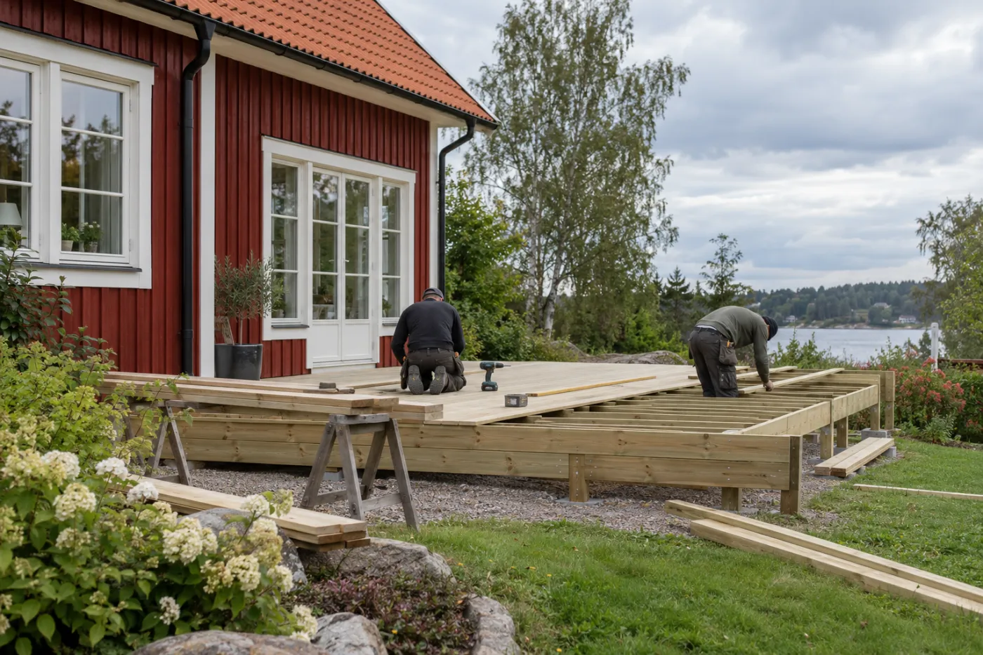 Snickare bygger en ny altan intill ett rött trähus