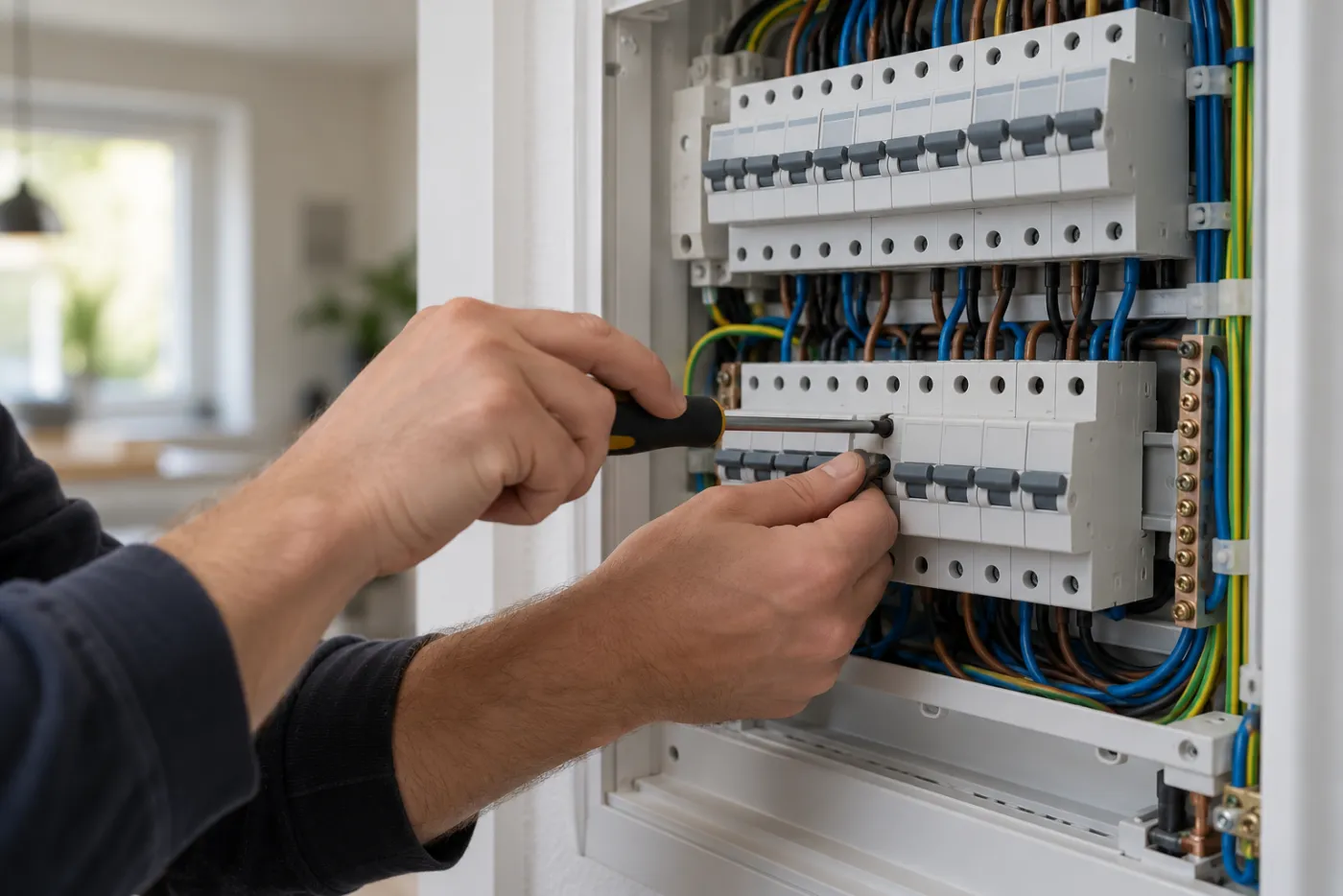 Elektriker arbetar i ett öppet elskåp med automatsäkringar
