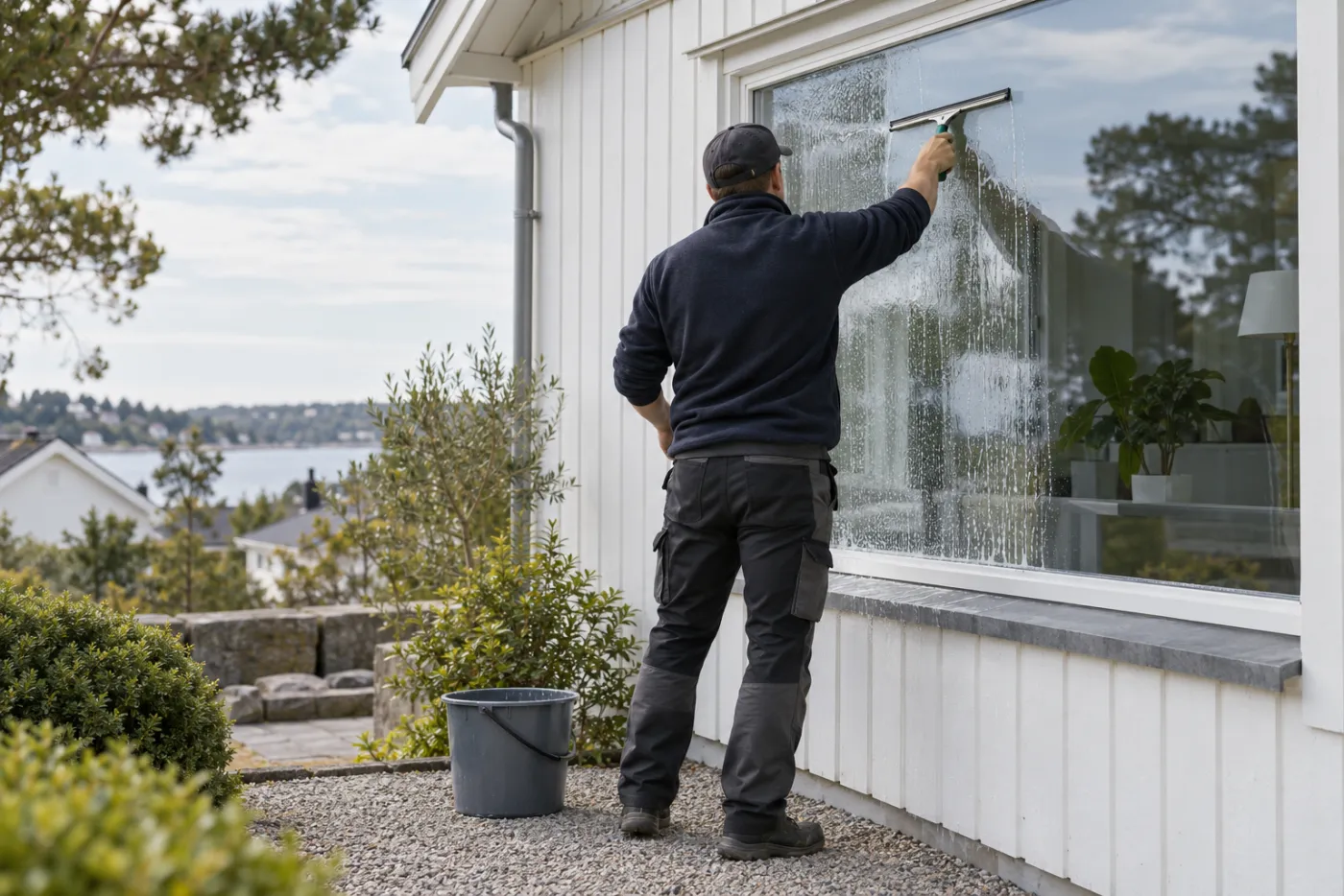 Fönsterputsare drar av ett stort villafönster med fönsterskrapa