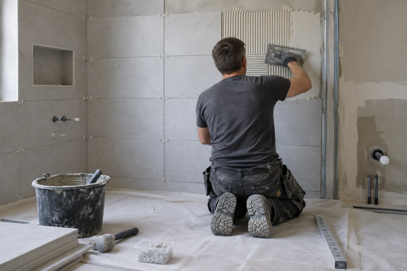 Plattsättare sätter kakel på väggen under en badrumsrenovering